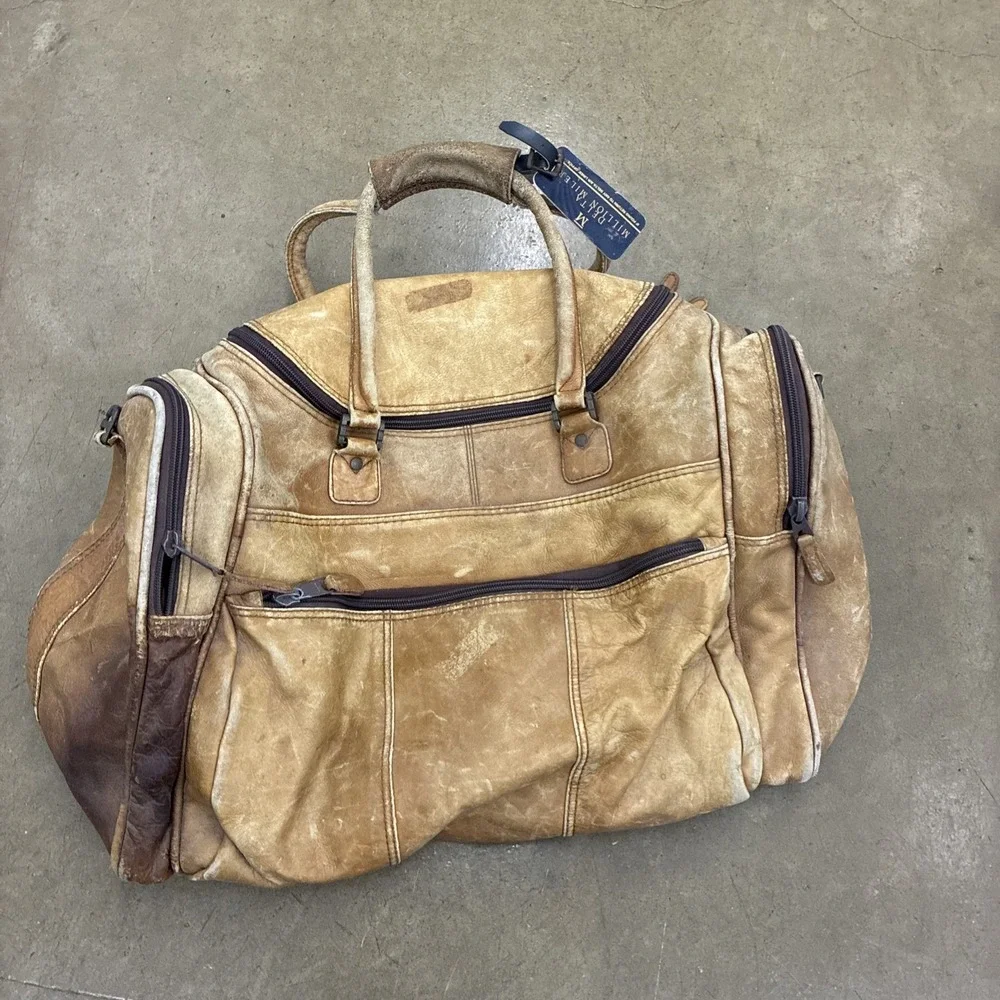 VTG GENUINE LEATHER Lg Weekender Overnight Duffle Bag Travel Beige Brown - Fair